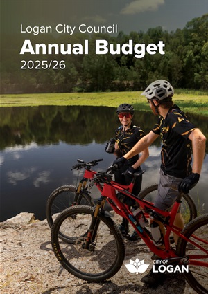 Annual Budget 2025/26 cover showing two people next to their mountain bikes