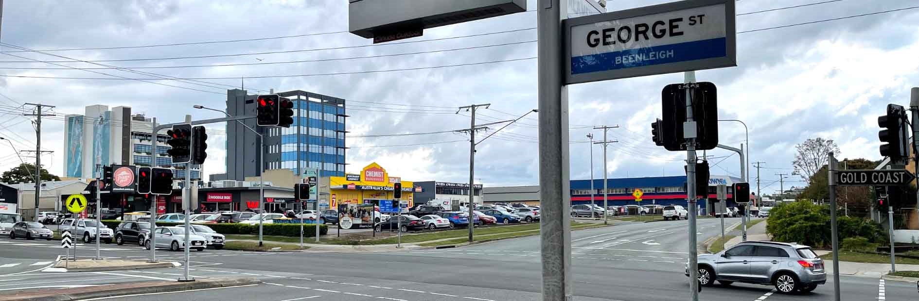Map showing bus stop closure on Alamein Street at Beenleigh High School (Stop ID 310165) on route 553 until Friday 14 March 2025. Alternative stop aView of Alamein Street and George Street intersection 