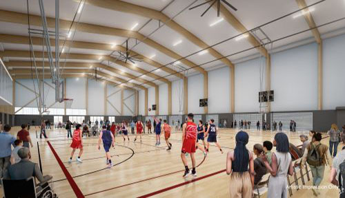 Artist impression of the Logan Indoor Sports Centre with people playing and watching basketball
