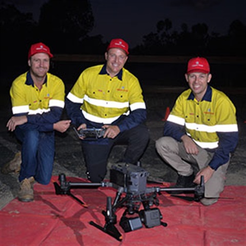 Preparing for one of thermal drone surveys at Greenbank are (from left) Ripper Corporation Senior Remote Pilot Jake MacManus, CEO Jason Young and Senior Remote Pilot Fletcher Anderson.