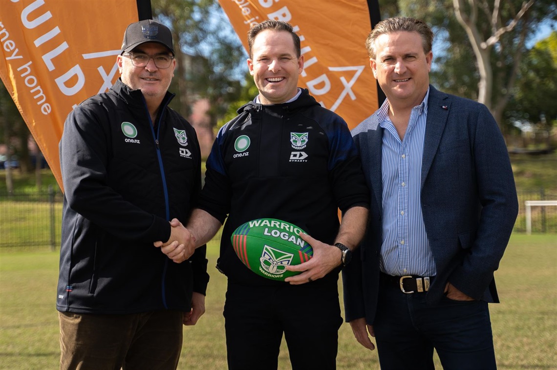 Left-Right: NZ Warriors CEO Cameron Geroge, Logan Mayor Jon Raven, Ausbuild Managing Director Matt Bell