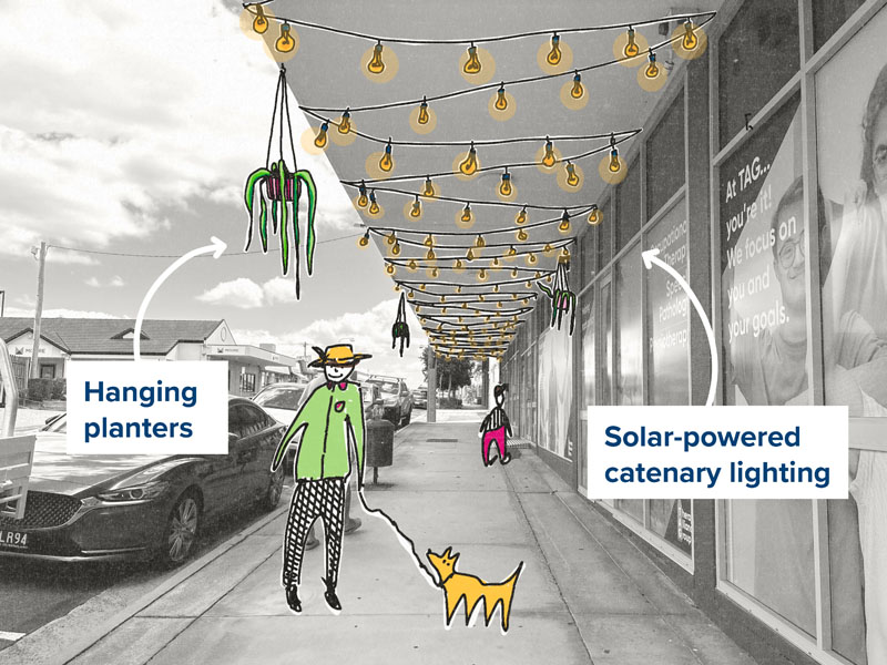Hanging planters and solar-powered catenary lighting