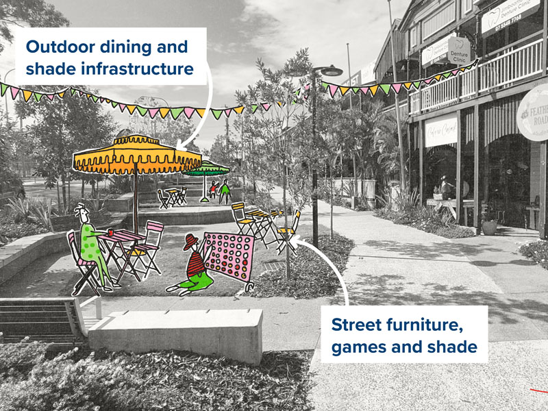 Outdoor dining, shade infrastructure, street furniture and games