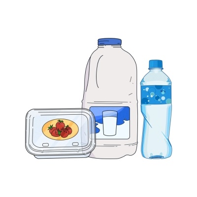 Illustration of fruit punnet, milk bottle and water bottle