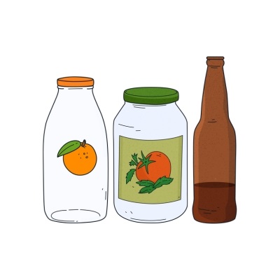 Illustration of glass bottle, glass jar and beverage bottle with lids on
