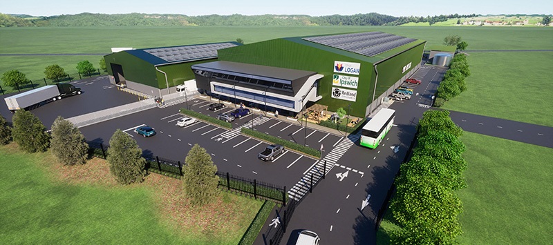 A stylised image of the Greenovate Materials Recycling facility for Logan, Ipswich and Redlands Councils located at the Browns Plains Landfill site