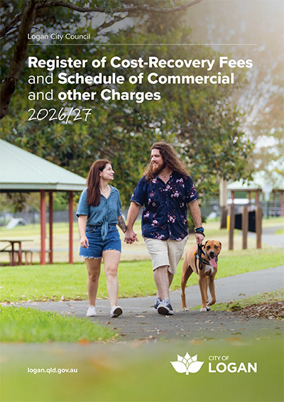 2 people walking with dog in park