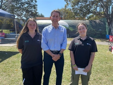 Ella and Morgan with Cameron Dick at the Child Protection Family Event at Ewing Park on 24 September., 