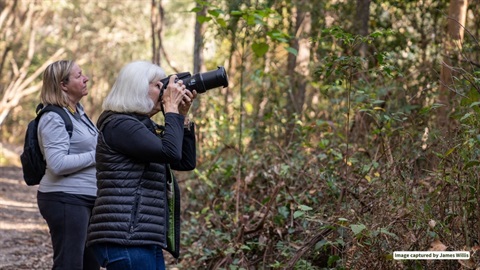 A lady taking pictures while bushwalking with another lady