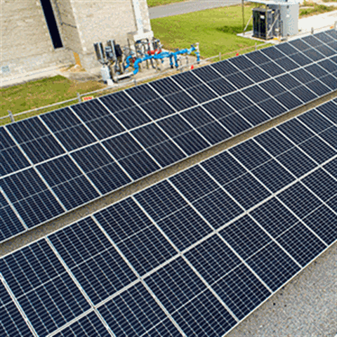 A row of solar panels at the Loganholme Wastewater Treatment Plant
