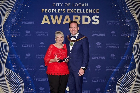 Mayor Jon Raven (right) with award winner Gail Harrower at the 2026 City of Logan Peoples Excellence Awards