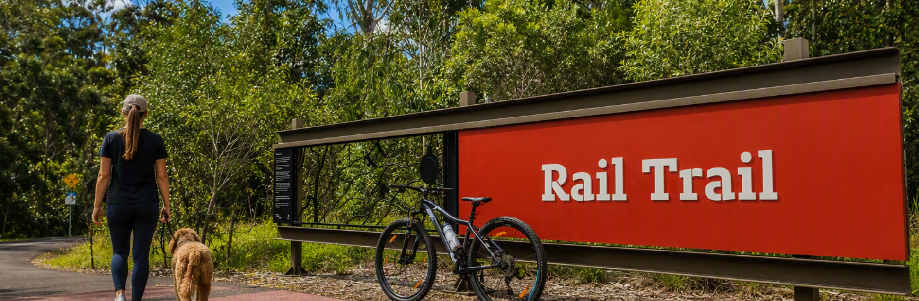 Person walking a dog along a tree-lined path beside a large red “Rail Trail” sign, with a bicycle parked against the sign.