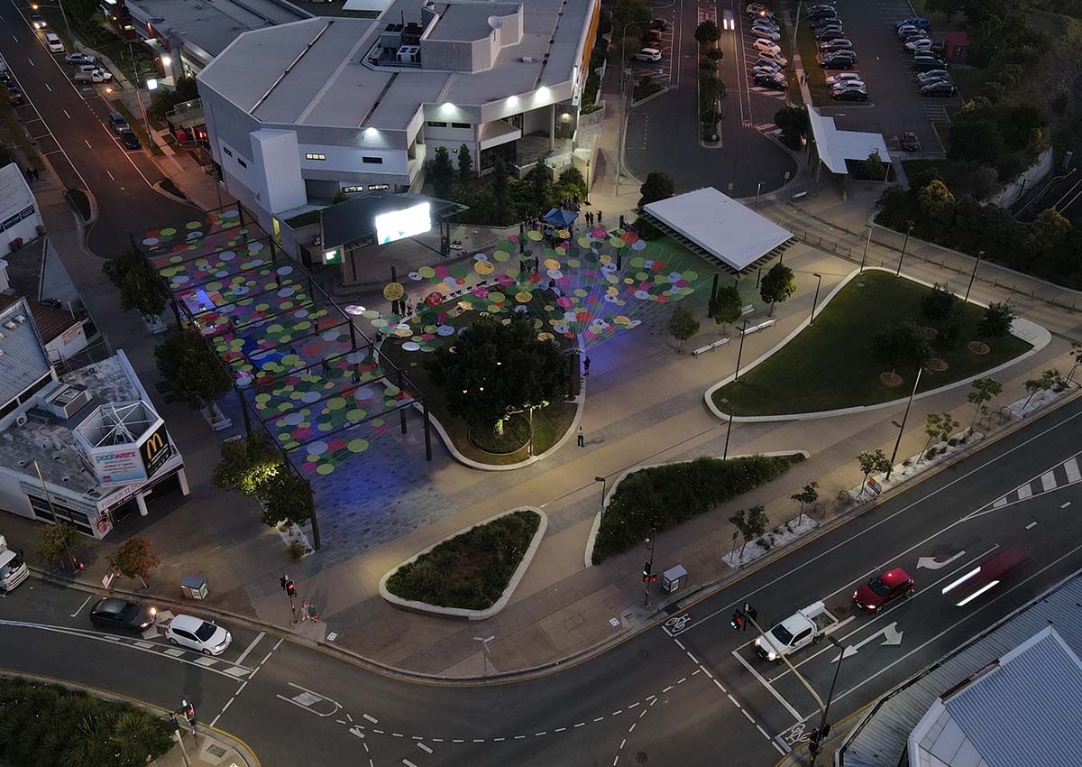 Arial view showing Beenliegh Town Square at night