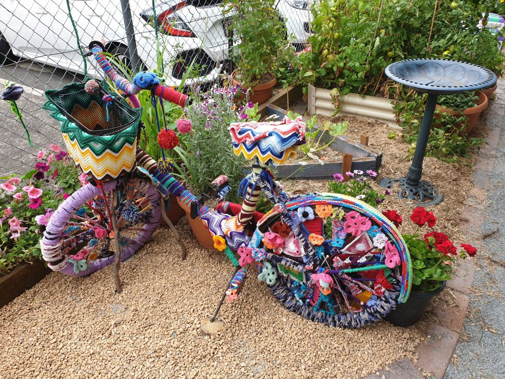 Embroidered bicycle art installation at Beenleigh Community Garden