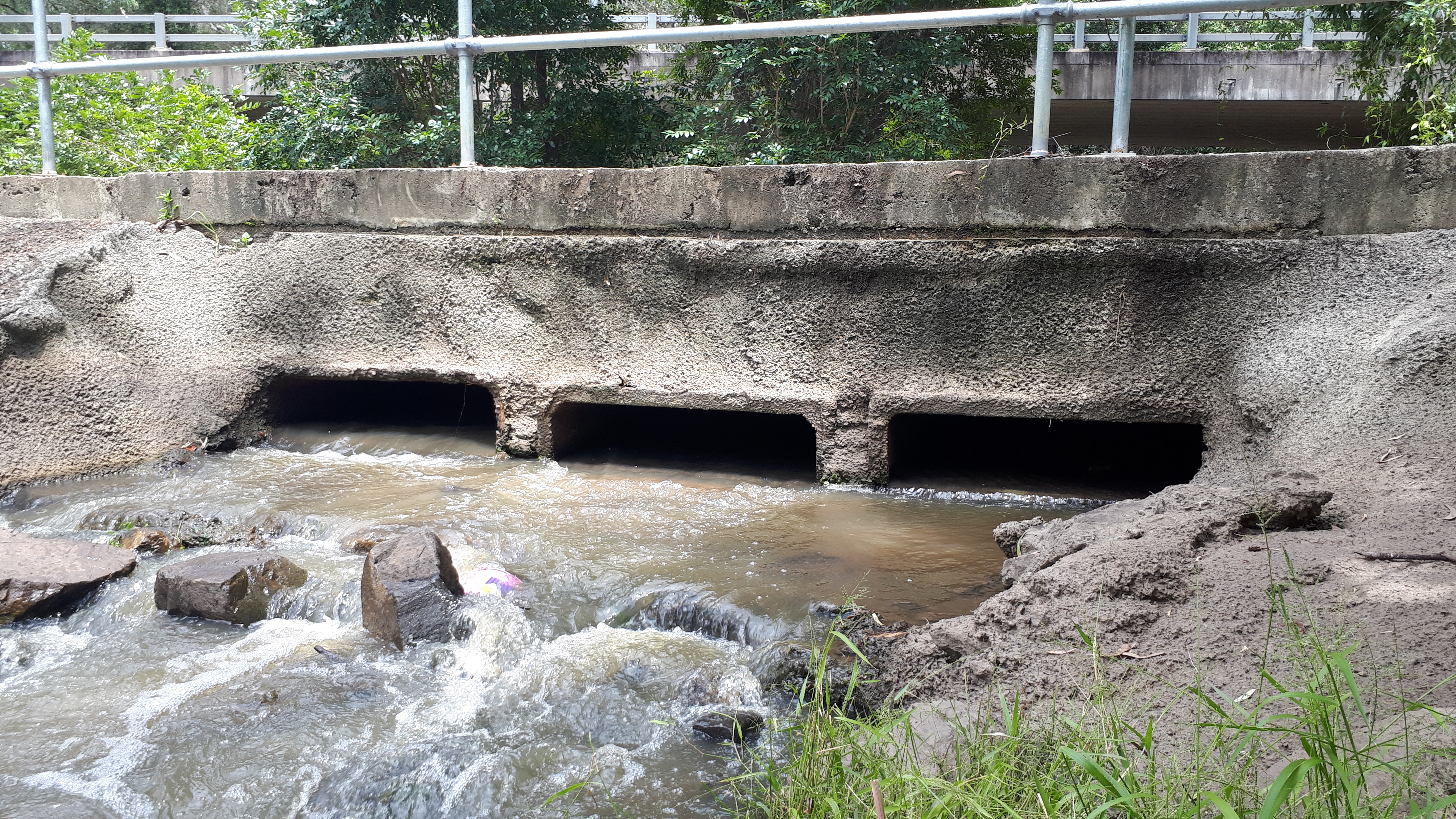 Queens Road culvert causeway with footbridge above, before the work to improve fish passage