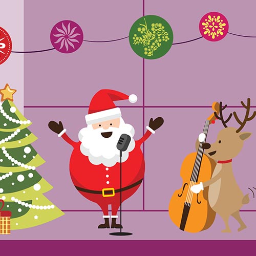Cartoon Santa and reindeer sing and play instruments