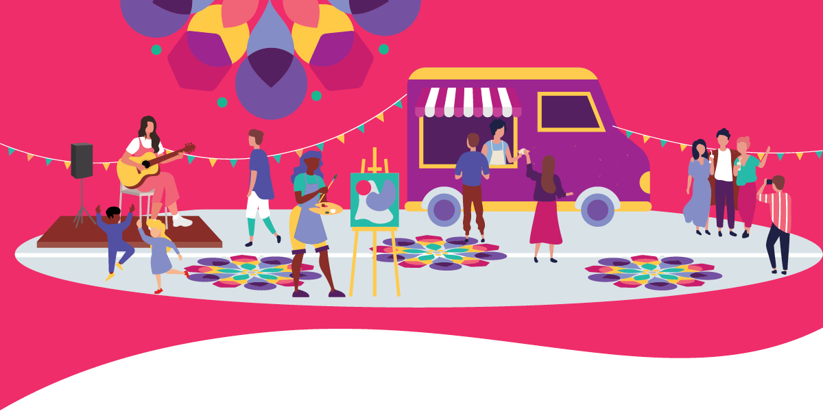 Vector image showing woman playing guitar and children dancing, food truck handing out food, artist painting and group of people posing for a photo together. 