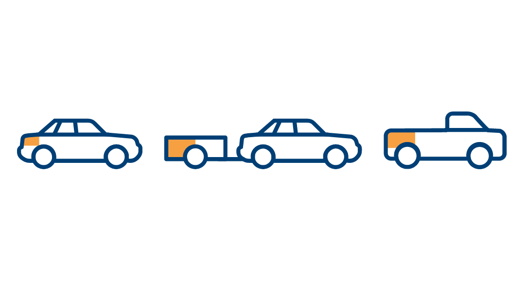 Small waste load. Icons displaying the boot of a sedan highlighted, half of a trailer highlights, and half of a flat back Ute highlighted