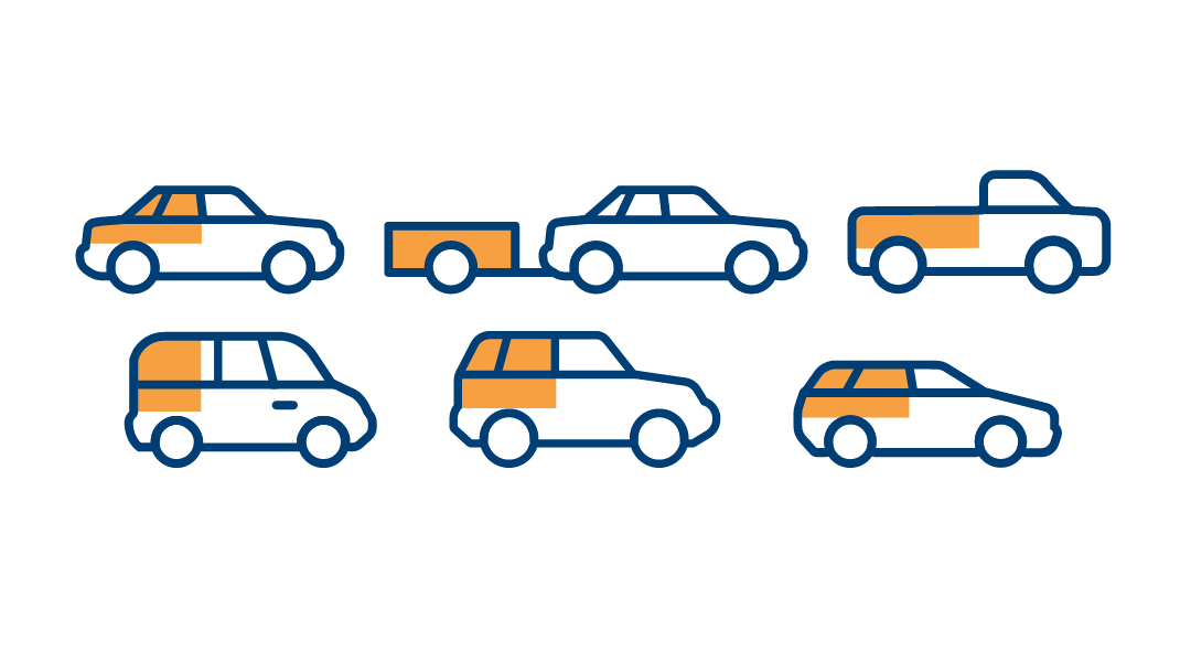 Waste load medium. Icons displaying a sedan boot and back seats highlighted, a full station wagon boot highlighted, a full 4x4 or SUV wagon boot highlighted, a full passenger van boot highlighted, a overflowing trailer highlighted, a full utility tray highlighted.