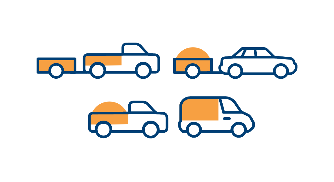 Waste load Large. Icons displaying an overfull trailer, an overfull utility tray, a full commercial van, and a full utility with a full trailer.