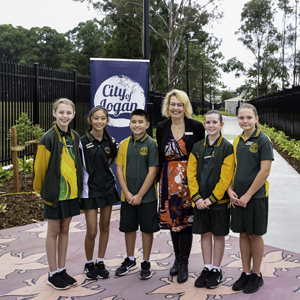 An image of Springwood Central State School student leaders (from left) Jordyn Cooley, Mary Cordero, Blake Lamond, Principal Sarah Fraser, Tabitha Corbet and Aria Gilligan at the new pathway from Dennis Road to Murrajong Road near their school.