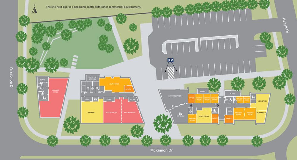 Aerial map illustration of the Community Centre buildings.