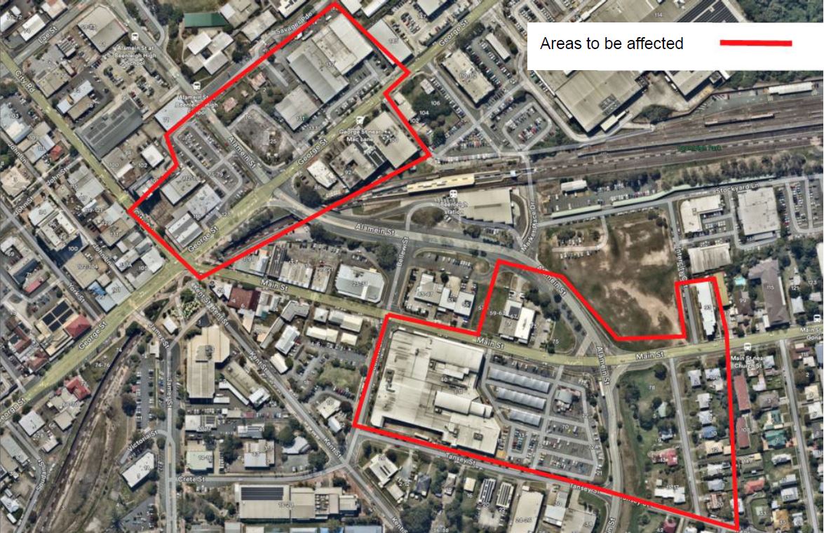 Map showing two seperate affected aread in Beenleigh. Area one is George Street where it intersects with Alamain Street and Main Street and City Road and area two is Main Street where it intersects with Alamain Street and Tansey Street, Beenleigh.