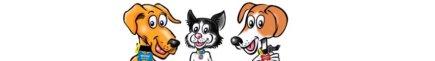 Two cartoon dogs and a cartoon cat smile happily