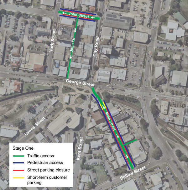 Stage one map of streetscape upgrade on John Street, and Main Street Beenleigh showing traffic access, pedestrian access, street parking closure and short term customer parking.