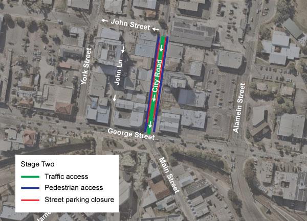 map showing single direction traffic southbound on City Road to George Street, with parking not available on this street. Pedestrian access is available on both sides of street’