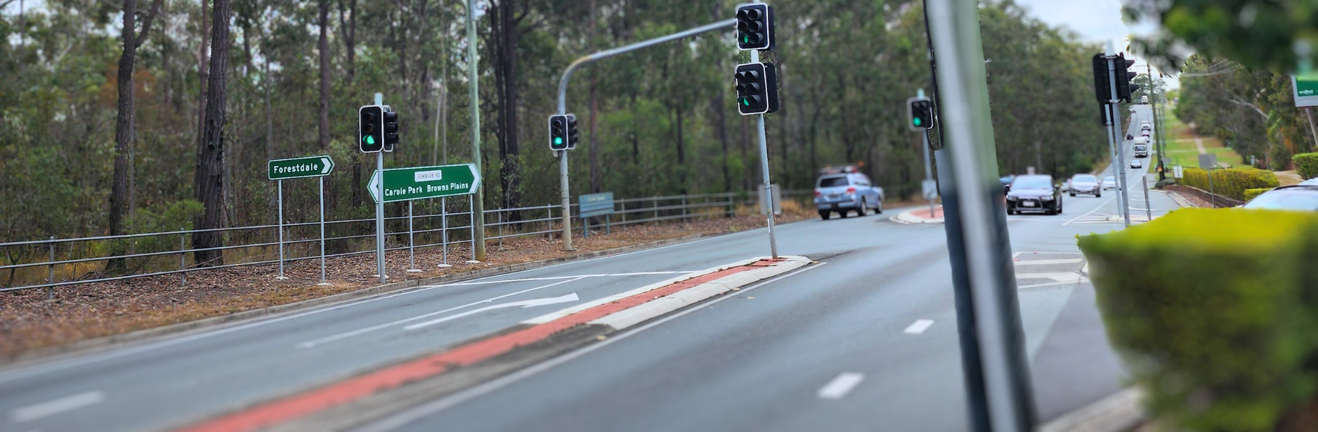 A intersection with traffic lights, trees line the road in the background.