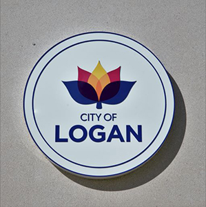 An image of the Logan City Council logo on the wall at the City Administration Centre which will be impacted by the lockdown.