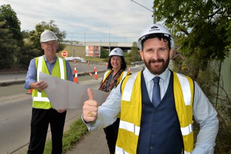 The new intersection gets the thumbs up from Cr Tony Hall (front), Member for Forde Bert Van Manen and Councillor Teresa Lane.