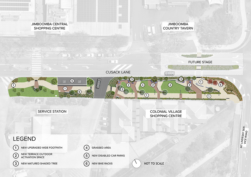 A stylised map of the Cusack Lane streetscape project area. The map shows the project location on the street outside the Jimboomba Junction Shopping Centre and Service station. The map shows a new upgraded wide footpath, new terrace outdoor activation spa