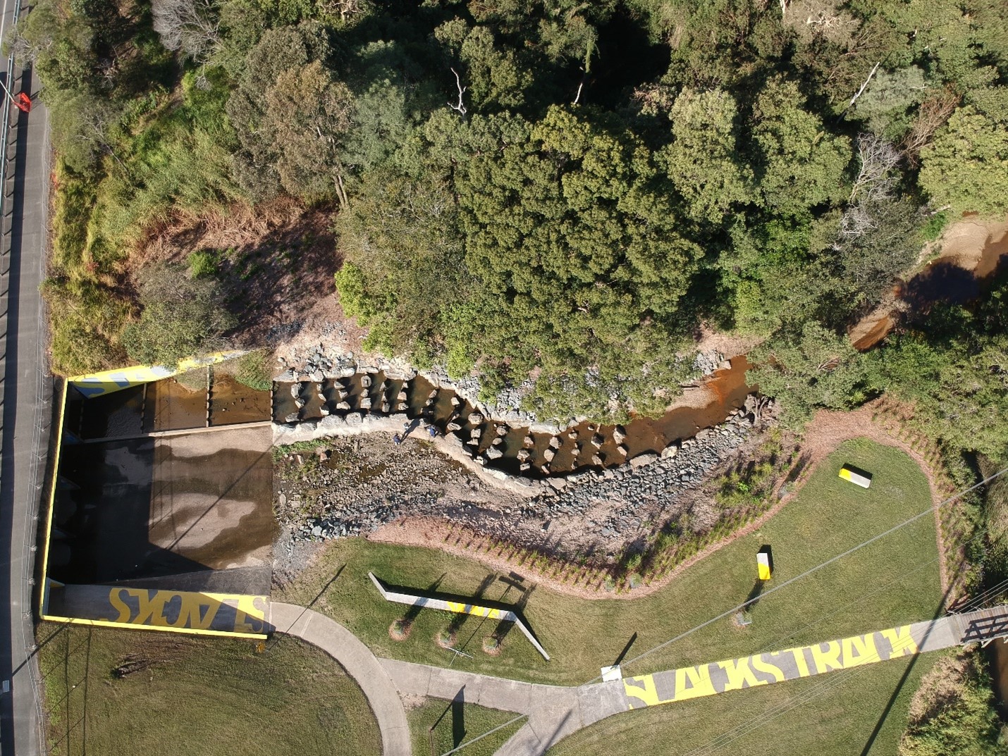 Drone photo of Paradise Road fishway construction along Slacks Creek