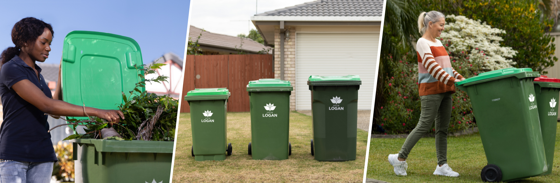 Collage of three photos. First photo a woman is placing foliage into her green waste bin. Second is a lineup of the three sizes of green wastebin on the kerbside and last photo is a woman wheeling her green waste bin onto the kerbside.