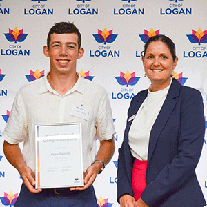 Acting Mayor Natalie Willcocks with Flynn Osborne of Jimboomba.