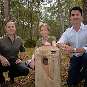 Environment Chair Councillor Jon Raven and Division 8 Councillor Jacob Heremaia with Chambers Flat resident Janet Raines and one of the nest boxes ready to be installed in her backyard.