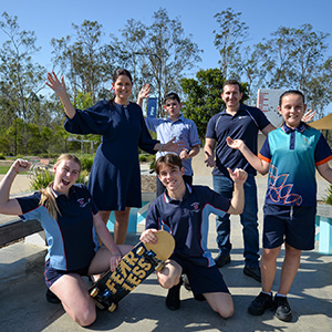 Division 11 Cr Natalie Willcocks and Lifestyle Chair Cr Tony Hall check out the Flagstone Adventure Playground skate park ahead of the event with local students (from left) Tahlia Croker, Zach Zapotezny, Jackson Lawler and Amelia Lawler.