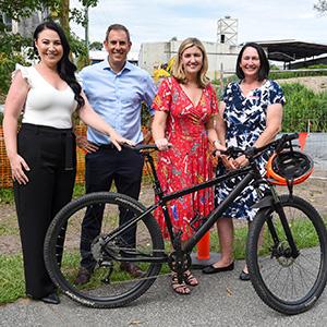 Councillor Mindy Russell, Federal Treasurer and Member for Rankin Jim Chalmers, Member for Waterford Shannon Fentiman and Infrastructure Chair Cr Teresa Lane at the site of the new pathway in Reserve Park, Slacks Creek.