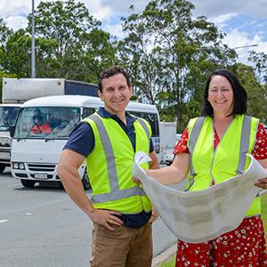 Infrastructure Chair Cr Teresa Lane with Cr Tony Hall at Loganlea Road.