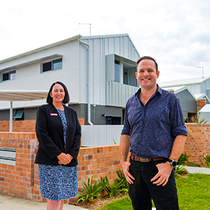 Economic Development Chair Councillor Jon Raven (right) and Division 2 Councillor Teresa Lane outside the 'Habitat on Juers' housing development in Kingston that won two accolades at the 2023 Logan Urban Design Awards (LUDA).