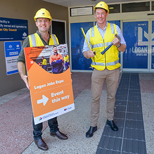 Mayor Darren Power and Economic Development Chair Cr Jon Raven get on the tools ahead of the 2023 Logan Jobs Expo.