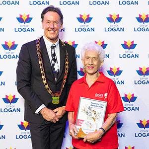 Mayor Darren Power and Citizen of the Year Margaret Harvey at the 2024 City of Logan Australia Day Awards.