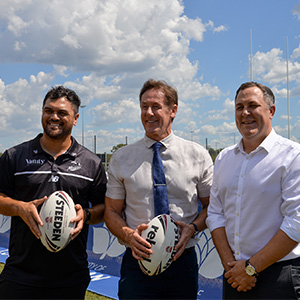 Logan City Council Mayor Darren Power and QRL CEO Rohan Sawyer are looking forward to seeing Karmichael Hunt's South Logan Magpies at the Logan Metro Sports Park.
