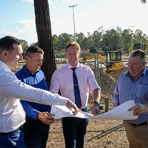 Mayor Darren Power and (from left) Cr Tony Hall, Cr Scott Bannan and Member for Wright Scott Buchholz celebrate the start of construction at Jimboomba Park, home to the Jimboomba Thunder Rugby League Club.