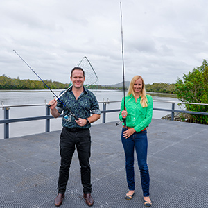 Environment Chair Councillor Jon Raven and Division 10 Councillor Miriam Stemp on the new micromesh fishing platform at Riedel Park in Carbrook.