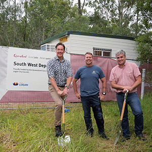 Mayor Darren Power, Division 9 Councillor Scott Bannan and State Member for Logan Linus Power at the site of Logan City Council's South West
Depot, which is under construction at Jimboomba.