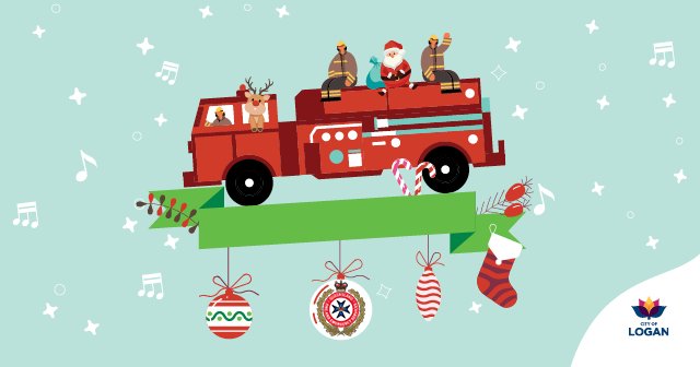 Cartoon fire truck sorrounded by Christmas decorations