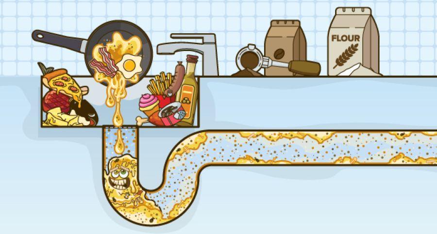 A frypan filled with eggs and bacon and other food being dumped into a sink with other food already in stuffed in the sink with an angry grease monster stuck in the sink